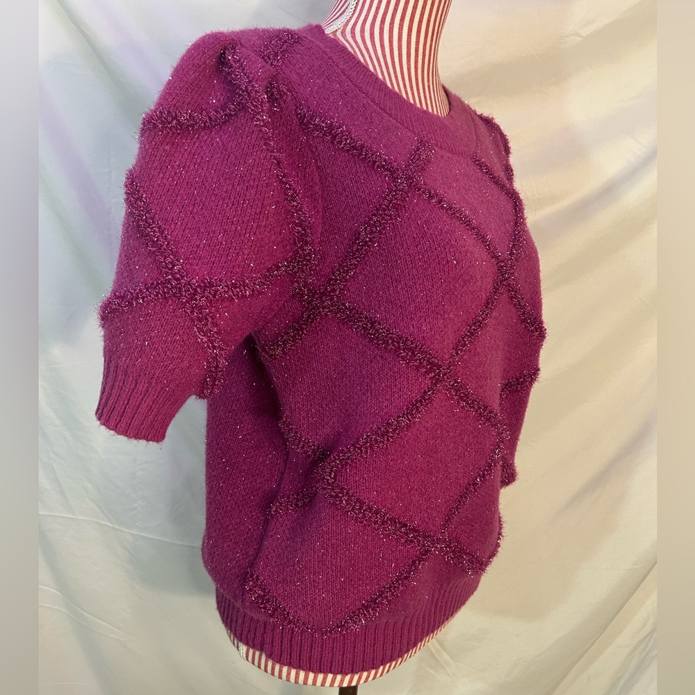 Ces Femme Pink Fuzzy Sparkly Knit Sweater Short Puff Sleeves Size Large - Picture 4 of 8
